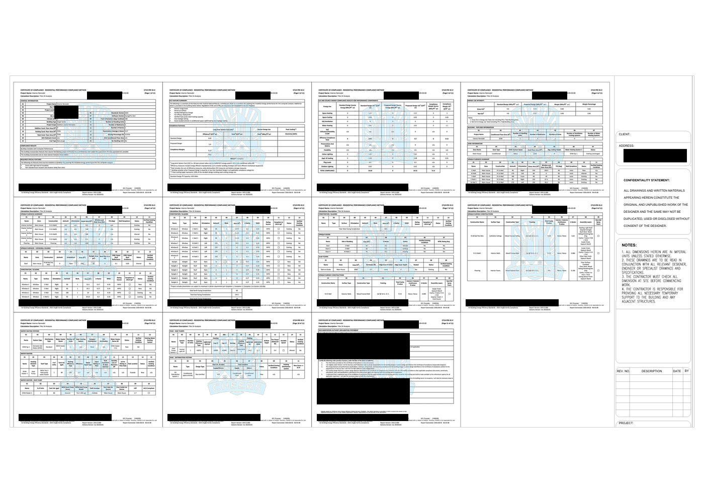 All eleven pages of a redacted 2025 CF1R certificate of compliance laid out on one plan sheet with a title block
