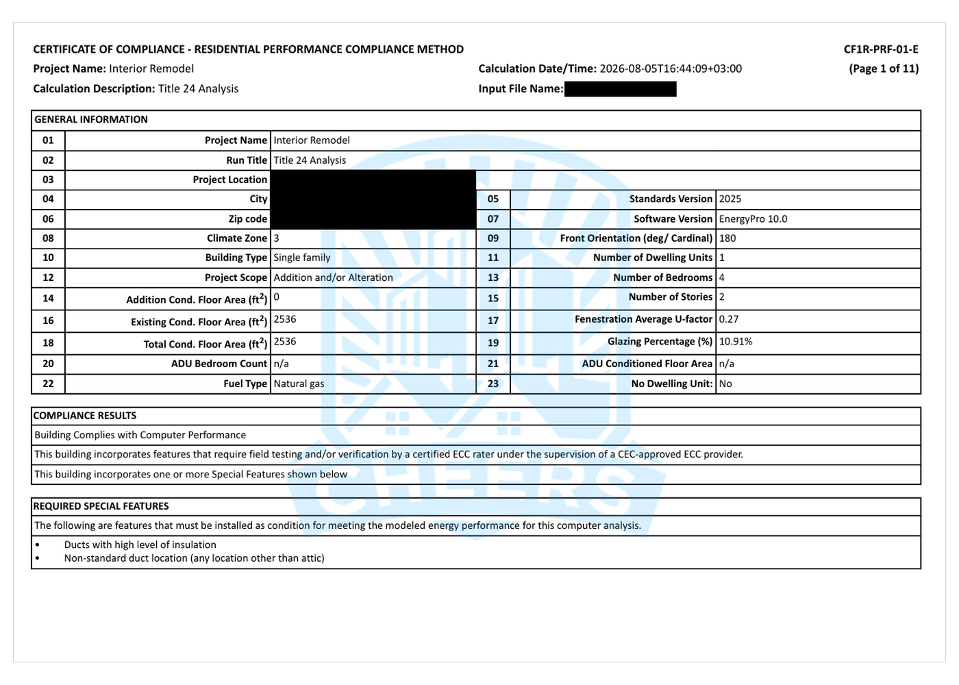 Page 1 of a 2025 CF1R-PRF-01-E showing general information, the compliance result and required special features