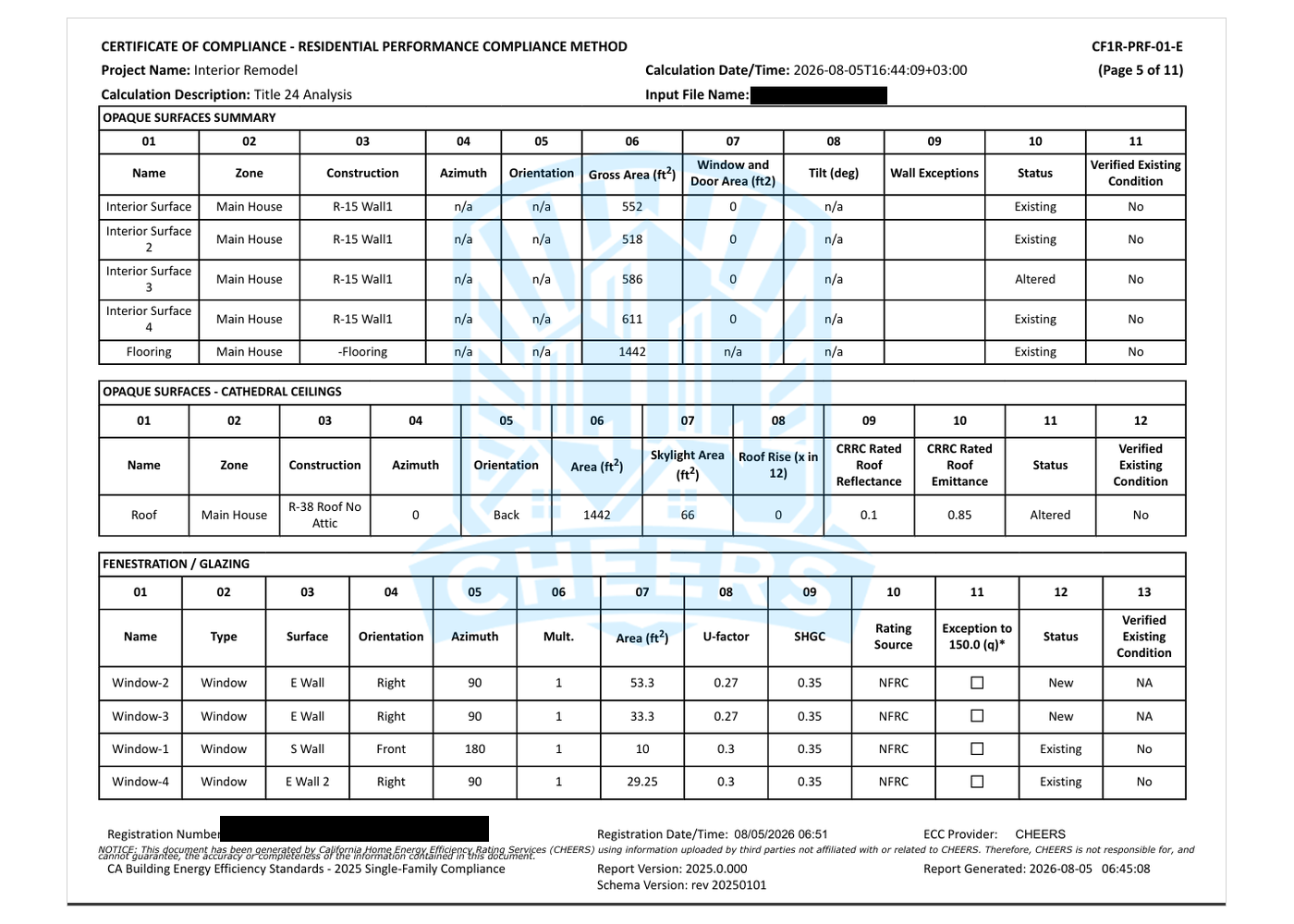 Page 5 of the sample CF1R listing opaque surfaces, a cathedral ceiling and four windows, with the CHEERS registration footer