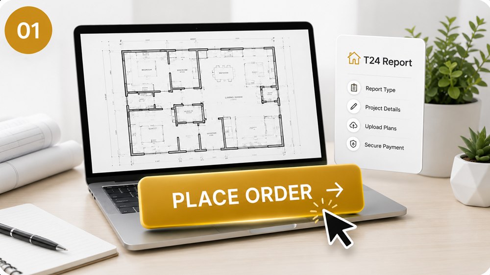 Placing an order on a laptop showing a floor plan